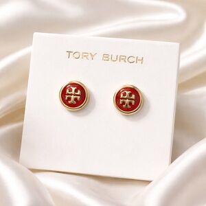 Tory Burch KIRA Red Enamel Logo Round Studs